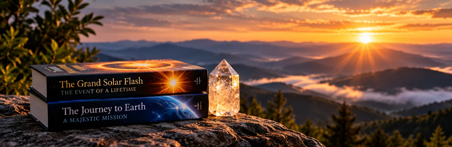 Sacred Light Publishing books beside a glowing crystal overlooking a mountain sunrise